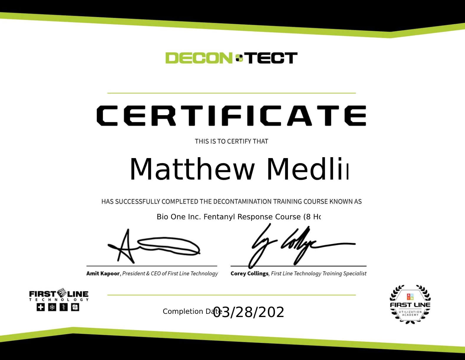 Decontect Certificate for Fentanyl (Medlin)