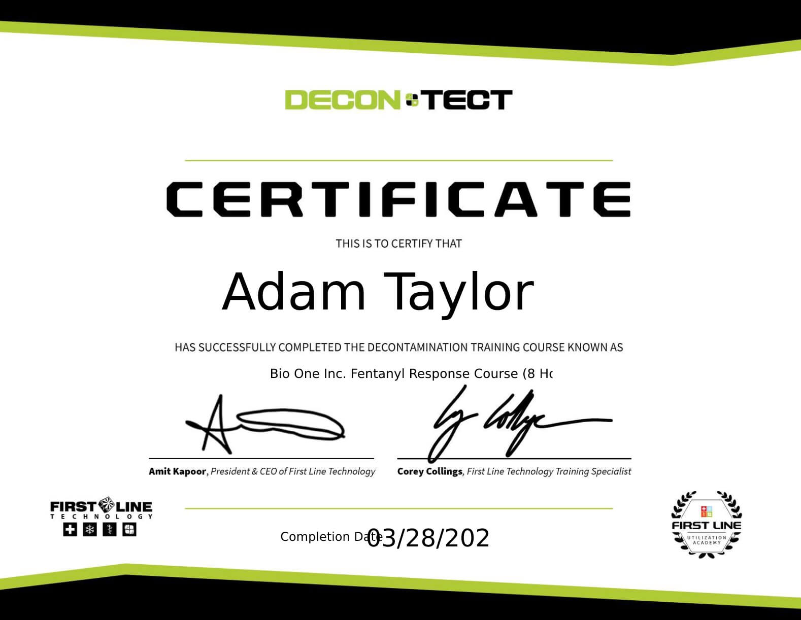 Decontect Certificate for Fentanyl (Taylor)